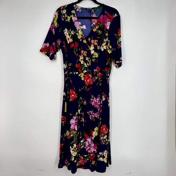 Roz & Ali Womens 1X Pullover Knit Dress Indigo Blue Multi Floral Elbow Sleeves - Picture 1 of 9